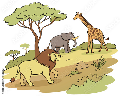 Cartoon savanna landscape with lion, elephant, and giraffe under a tree