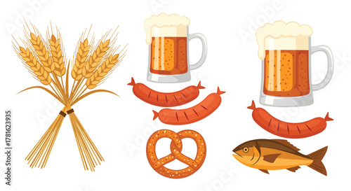 An array of traditional German and Oktoberfest elements: mugs of beer, grilled sausages, pretzel, fish, and wheat, set on a clean white background.