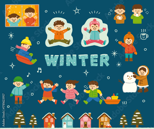 冬 雪 子供 イラスト 手描き 雪遊び 冬服 セット デザイン素材