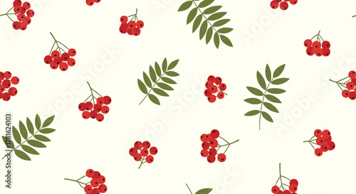 Elegant seamless pattern of scattered red rowan berry clusters and green leaves on a soft light background, perfect for fall designs.