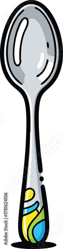 Close up of a silver spoon with colorful abstract design on its handle against a white background