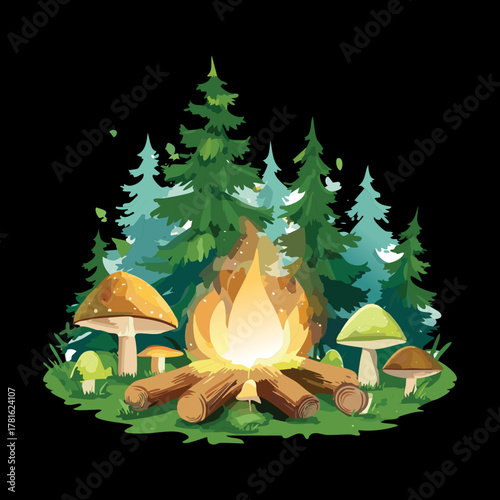 Illustration of a peaceful glowing campfire burning brightly in a deep enchanted forest setting with pine trees and giant magical mushrooms
