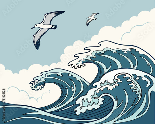 Illustration of sea waves and seagulls flying in the sky on a sunny day