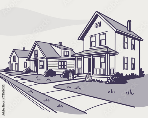 Illustration of a row of houses in a suburban neighborhood