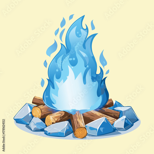 Illustration of a cold blue magical campfire burning brightly on a stack of wooden logs, fantasy element design on a light yellow background