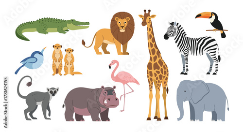A diverse collection of cartoon wild animals from various habitats, including savanna, jungle, and desert creatures, on a white background.