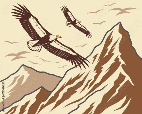 Majestic bald eagles soar above rugged mountain peaks in vintage illustration