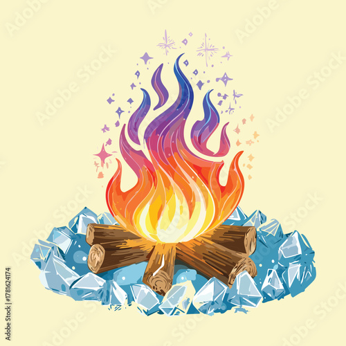 Illustration of a vibrant colorful rainbow flame rising from a traditional wooden campfire log pile and blue icy magical crystals on ground