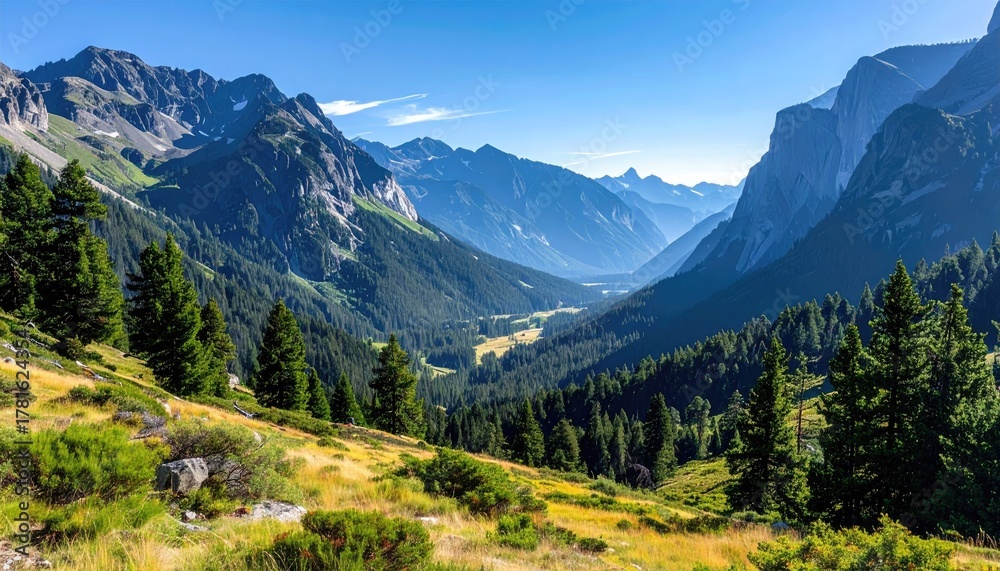 Fototapeta premium Sunny mountain valley with pine trees and golden grass in the foreground under a clear blue sky in the Pyrenees France