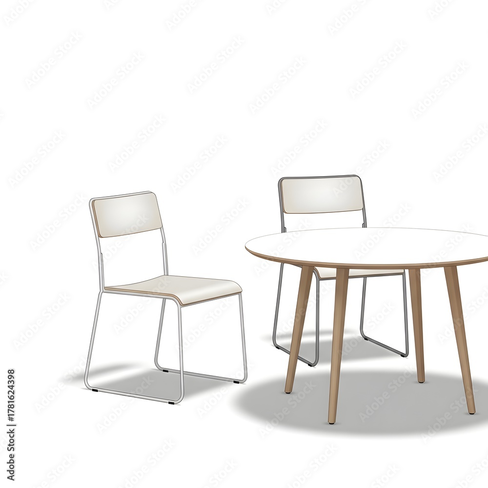 Obraz premium Modern round white dining table with two matching chairs on a white background.