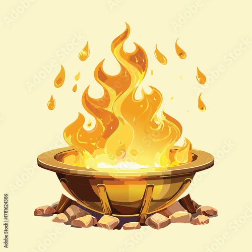 Illustration of a glowing fantasy campfire burning brightly in a decorative metal bowl or small brazier, game prop light source