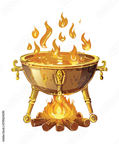 Illustration of a traditional brass fire pit or brazier with hot charcoal and large bright orange flames rising, elemental fire asset