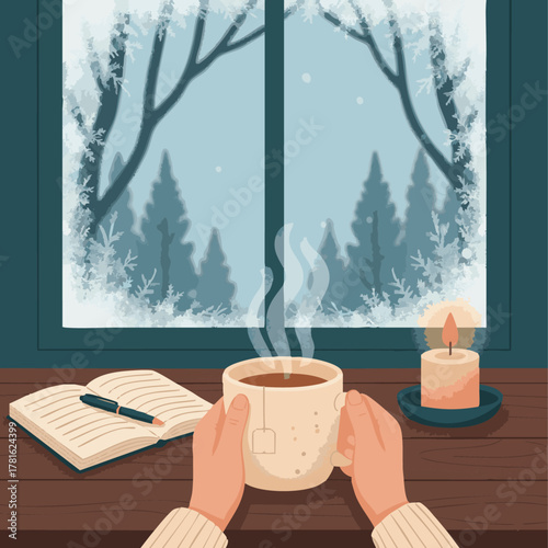 Tea & Reflection Time

Flat vector of hands holding a steaming mug of herbal tea, notebook and candle nearby