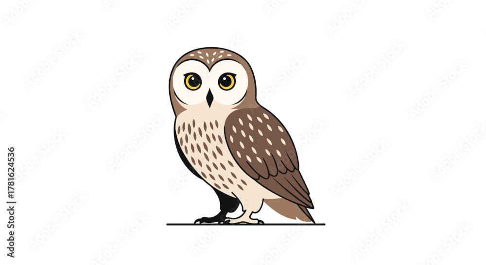 Fototapeta premium A friendly, wide-eyed owl with brown and beige feathers stands on a black line against a clean white background, rendered in a charming cartoon style.