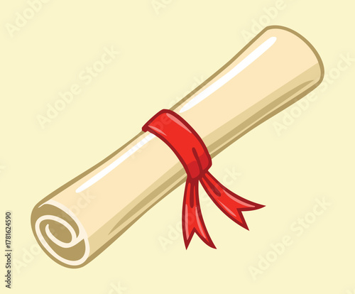 Illustration of a rolled-up parchment scroll with a closed red ribbon tied around it, old document or quest item game asset