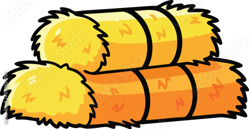 Two Round Bales of Yellow Hay Stacked Together With Black Straps Against White Background