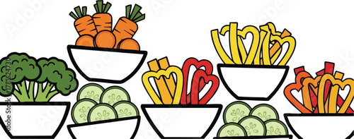 Colorful Assortment of Fresh Vegetables Displayed in White Bowls Against a White Background