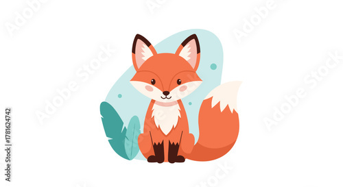 A cute and friendly cartoon fox sits gracefully in a natural setting, depicted in a charming flat vector illustration, perfect for children.