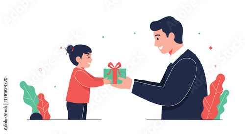 A cheerful daughter gives a wrapped gift to her smiling father, celebrating family, love, and special occasions like birthdays or Father's Day.