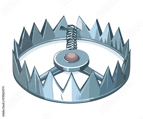 Illustration of a menacing circular steel bear trap set on the ground with a pressure plate and tightly wound spring mechanism, game prop