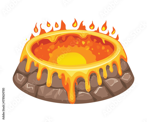Illustration of an active volcano crater with molten lava overflowing the rim, hot stone pit with flames, game hazard terrain element