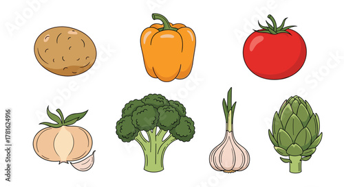 Assorted fresh and healthy vegetables, including potato, bell pepper, tomato, onion, broccoli, garlic, and artichoke, presented in a clean style.