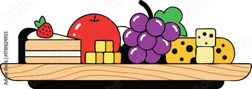 Sweet Dessert Platter With Strawberry Cake Grapes Apple And Cheese Cubes