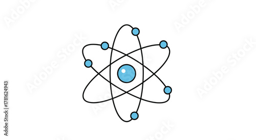 A cartoon illustration of an atom with a central nucleus and electrons orbiting in various elliptical paths, symbolizing science and chemistry.
