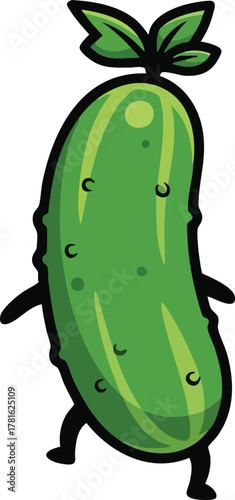 Cartoon Green Cucumber Character Dancing With Leaves On Head On White Background