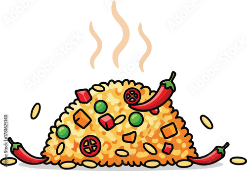 Steaming Hot Fried Rice with Chili Peppers and Vegetables on a White Background Isolated Illustration