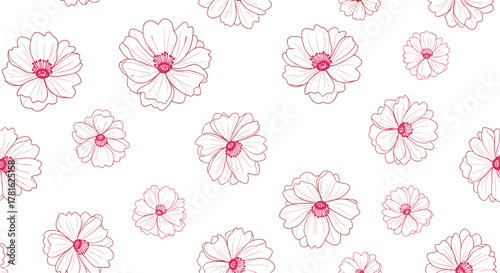 A beautiful seamless pattern with hand-drawn outline illustrations of delicate flowers featuring vibrant pink centers on a pristine white background.