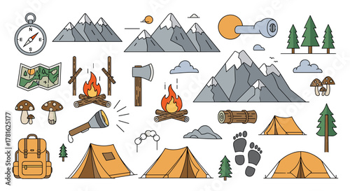 Collection of flat design camping and hiking essentials icons, representing outdoor adventure and exploration.