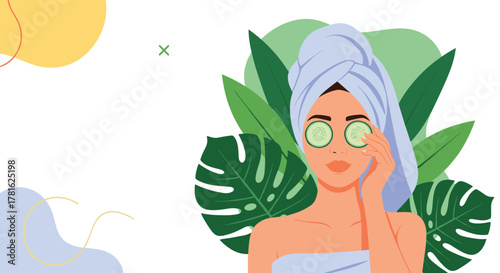 A woman unwinds with a refreshing cucumber eye treatment and a hair towel, surrounded by lush green leaves, embodying relaxation and self-care.