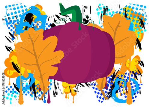 Thanksgiving Autumn leaf and Pumpkin graffiti. Abstract modern street art decoration performed in urban painting style.