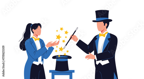 A male and female magician perform a dazzling magic trick with a top hat, a wand, and sparkling golden stars.