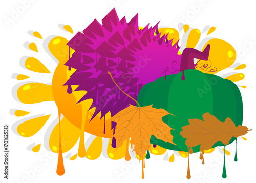 Thanksgiving Autumn leaf and Pumpkin graffiti. Abstract modern street art decoration performed in urban painting style.