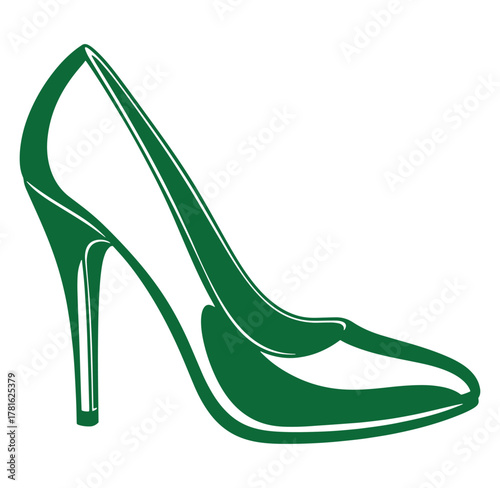 Green stylized silhouette of a high heeled shoe isolated on a white background