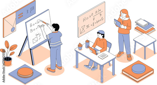 Isometric illustration of modern classroom with students studying mathematics, teacher teaching geometry on board, educational learning environment with school materials