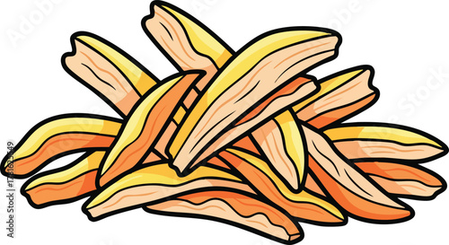 Pixel Art Pile Of Golden Yellow Orange French Fries With Dark Outline On White Background