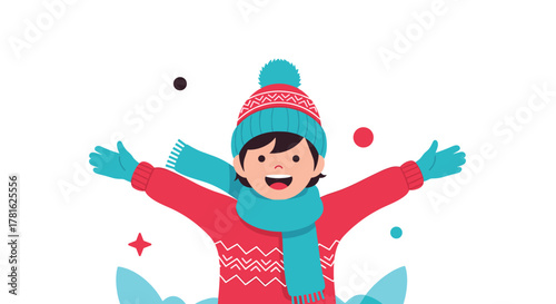Happy child wearing warm winter clothes with outstretched arms, celebrating the cold season with joy and excitement.