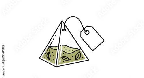 A minimalist illustration of a pyramid tea bag filled with green tea leaves, string, and tag, isolated on white, suggesting a healthy brew.