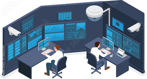 Isometric illustration of modern security operations center with analysts monitoring multiple screens, cybersecurity data, and surveillance camera control systems, professional workplace