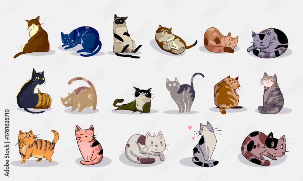Fototapeta premium Set of cartoon cats in different poses hand drawn vector illustration. Isolated on white background.