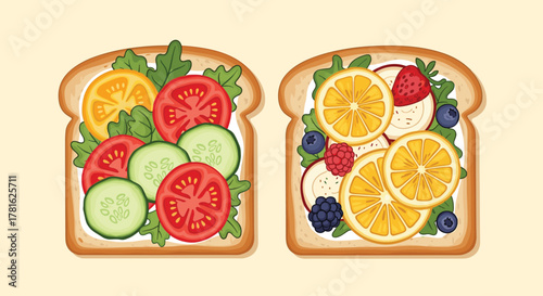 Vibrant illustration of two healthy open-faced toasts, one with fresh vegetables and the other with assorted fruits and berries.