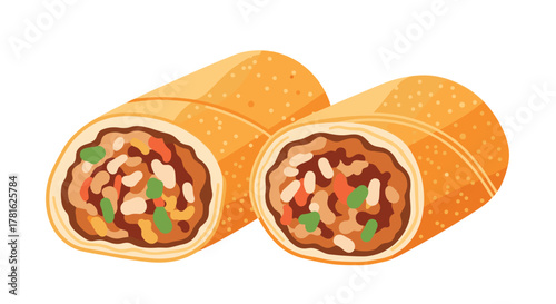 A pair of appetizing burritos or spring rolls, artfully cut to expose their rich filling of rice, savory meat, and colorful vegetables.