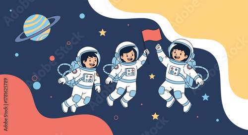 Three happy young astronauts float in outer space, one proudly holding a red flag, surrounded by stars and a ringed planet, embodying discovery and adventure.