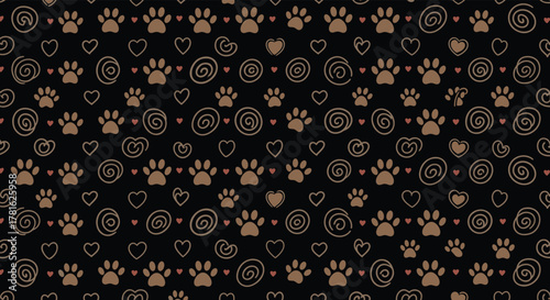 Cute animal paw print and heart pattern with decorative swirls and dots in brown and red on a black background.