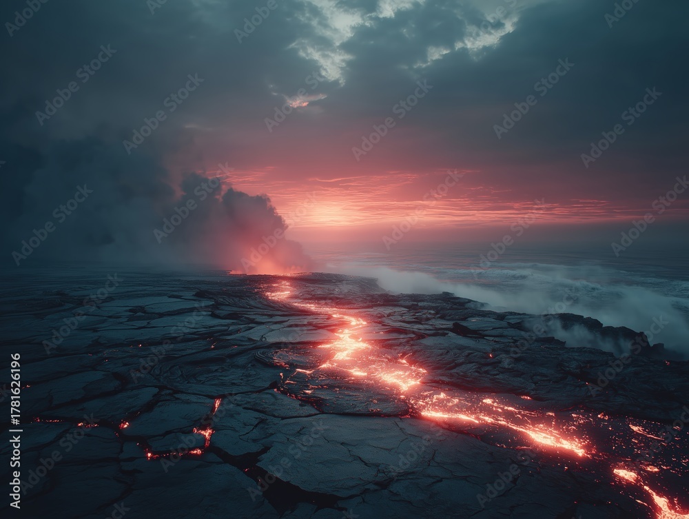 Fototapeta premium Volcanic Landscape with Glowing Lava in Crater and Dramatic Red-Orange Sky for Sci-Fi Background