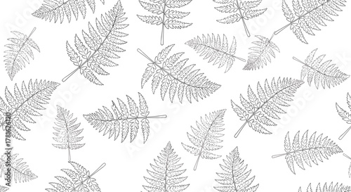 A beautiful black and white seamless pattern featuring intricately hand-drawn fern leaves scattered across a clean white background, creating an elegant botanical design.