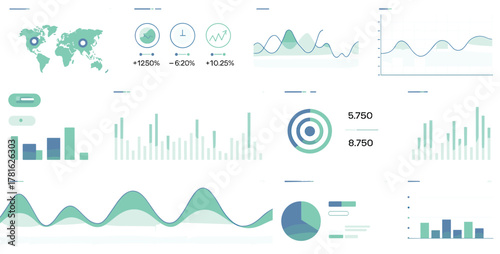 Modern business analytics dashboard with global data visualization, charts, and performance metrics, clean UI design for corporate reporting interface